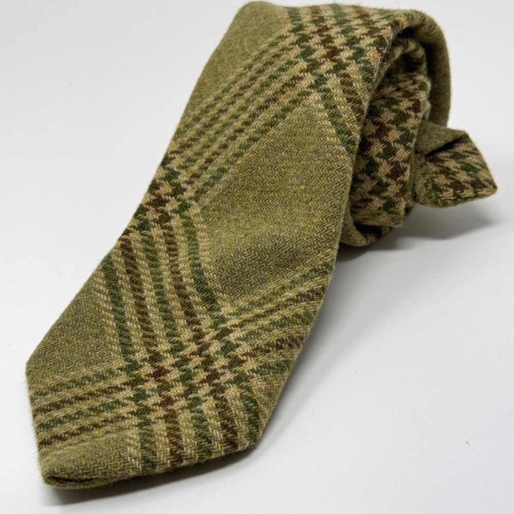 Vintage Shetland Wool Tie Mens Olive Green Plaid Tweed Scotland 56"x3.5"